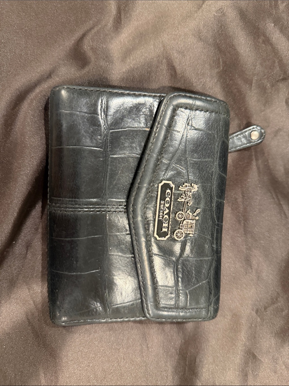 Coach Black Croc-Embossed Leather Bifold Wallet with Gold Tone Logo